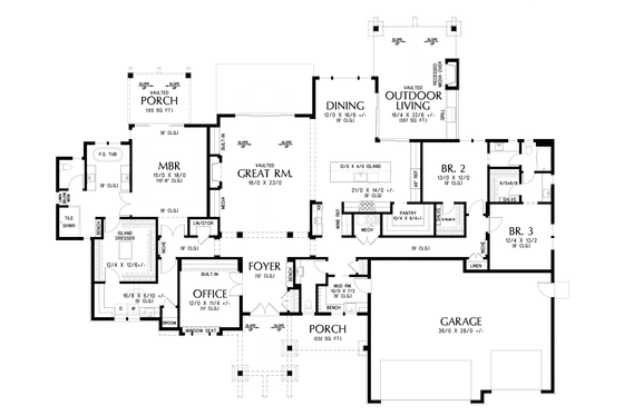 Floor Plan - Main Floor for Craftsman House Plan #48-1159 - 3 bed, 2.5 bath