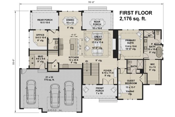 Floor Plan - Main Floor for Farmhouse House Plan #51-1234 - 2 bed, 2.5 bath