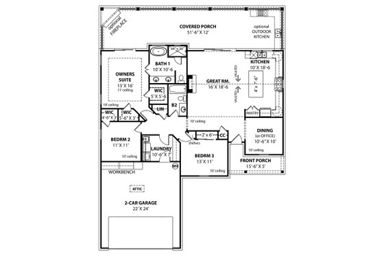 Floor Plan - Main Floor for Farmhouse House Plan #119-440 - 3 bed, 2 bath