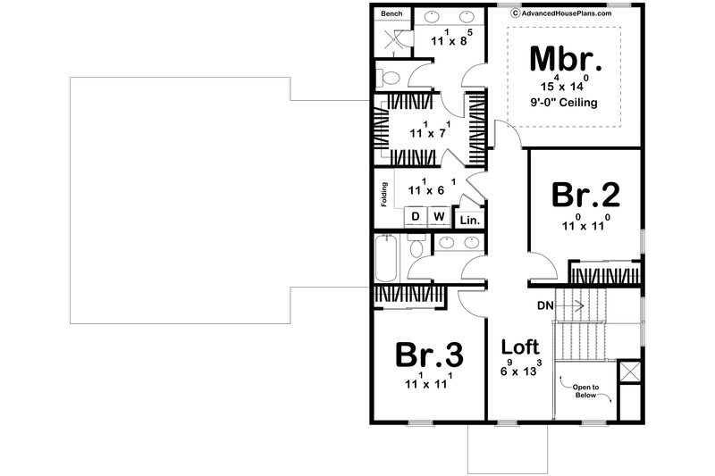 House Blueprint - Floor Plan - Upper Floor for Colonial House Plan #455-619 - 3 bed, 2.5 bath