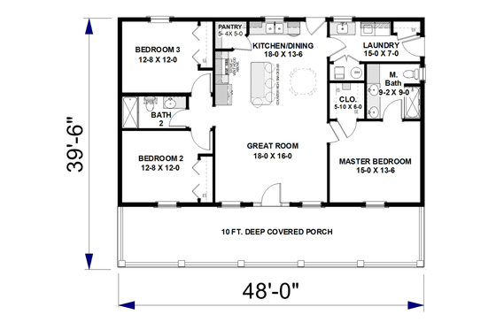 Floor Plan - Main Floor for Farmhouse House Plan #44-273 - 3 bed, 2 bath