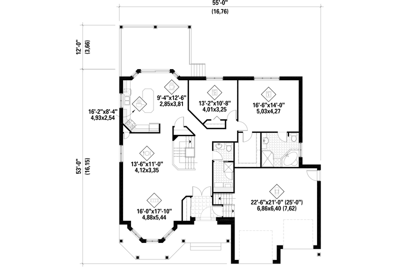House Blueprint - Floor Plan - Main Floor for European House Plan #25-4864 - 2 bed, 1 bath