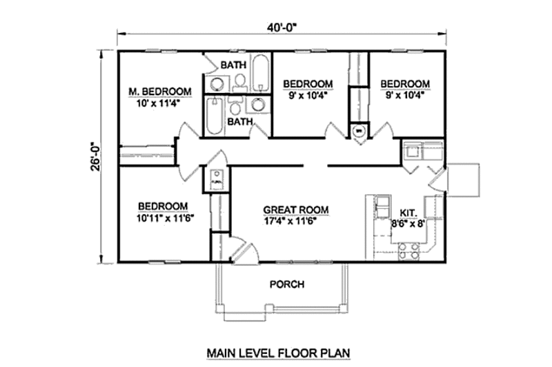 Ranch Style House Plan - 4 Beds 2 Baths 1040 Sq/Ft Plan #116-257 ...