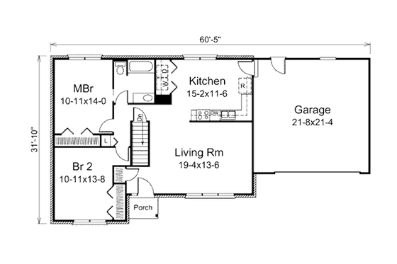 Floor Plan - Main Floor for Ranch House Plan #57-455 - 2 bed, 1 bath