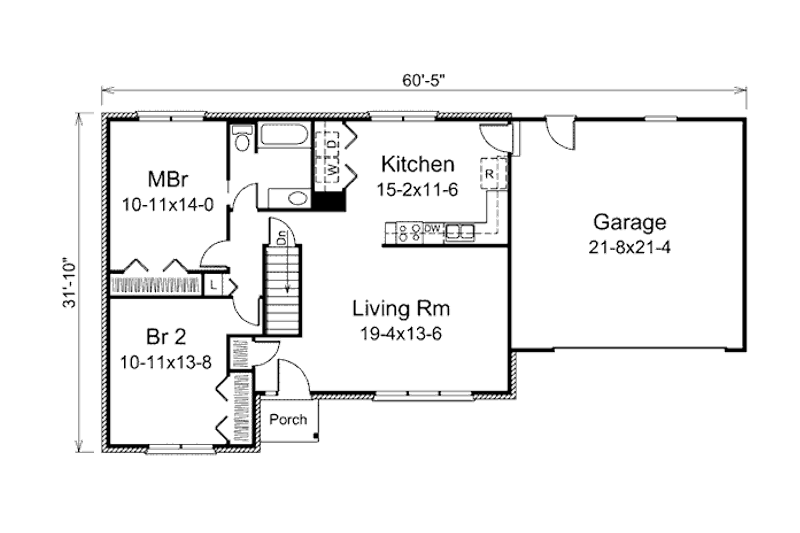 Home Plan - Floor Plan - Main Floor for Ranch House Plan #57-455 - 2 bed, 1 bath