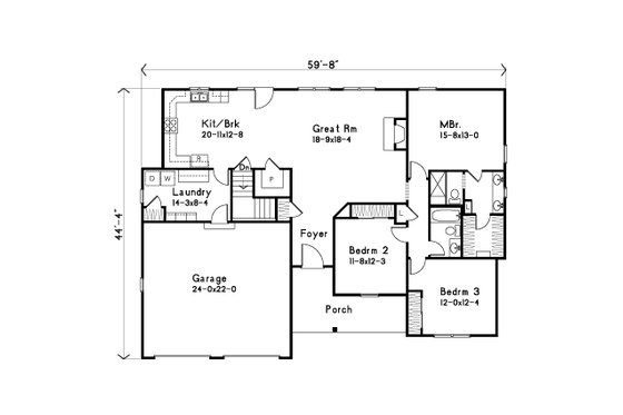 Floor Plan - Main Floor for Ranch House Plan #22-626 - 3 bed, 2 bath