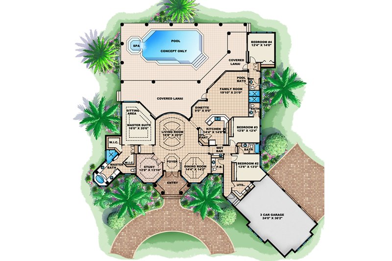 House Blueprint - Floor Plan - Main Floor for Mediterranean House Plan #27-516 - 4 bed, 4.5 bath