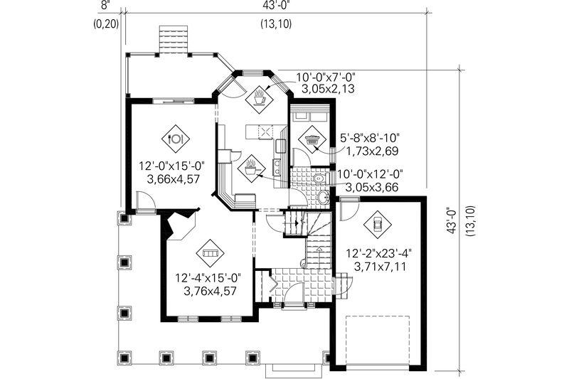 House Blueprint - Floor Plan - Main Floor for Country House Plan #25-4778 - 3 bed, 1 bath