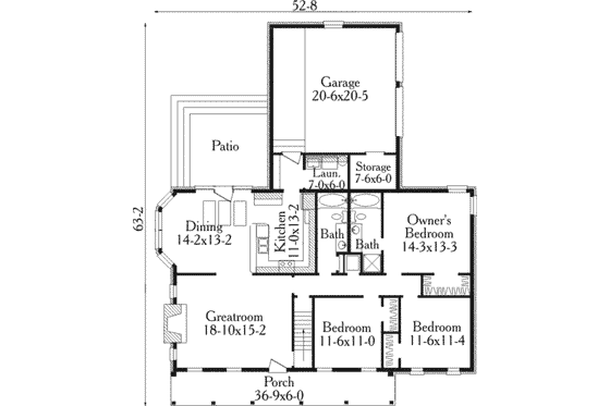 Floor Plan - Main Floor for Southern House Plan #406-221 - 3 bed, 2 bath