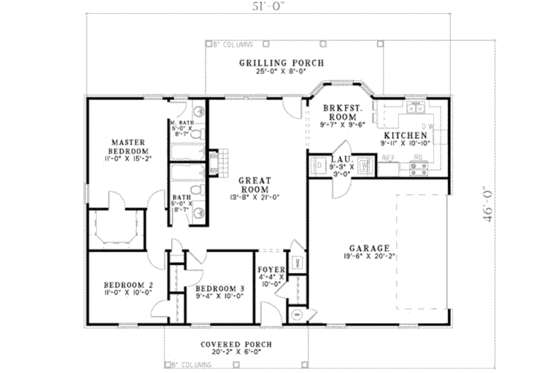 Floor Plan - Main Floor for Southern House Plan #17-2174 - 3 bed, 2 bath