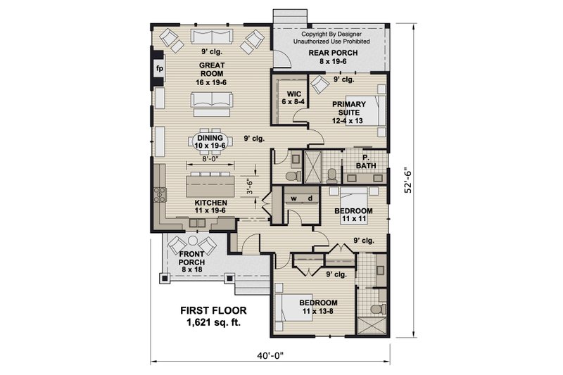 House Blueprint - Floor Plan - Main Floor for Craftsman House Plan #51-1388 - 3 bed, 2.5 bath
