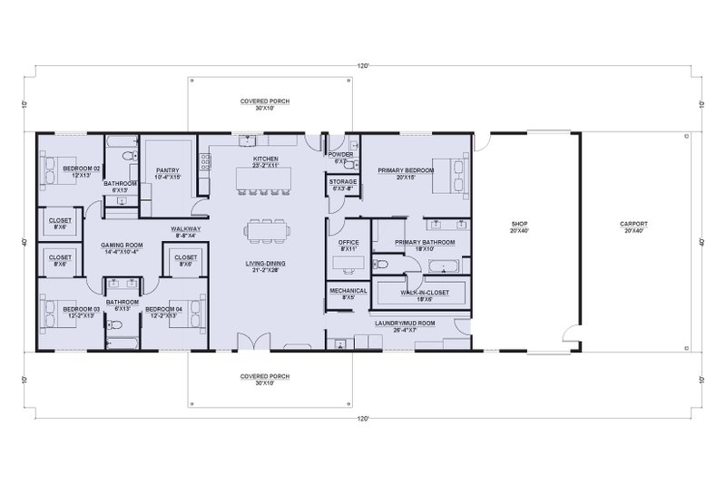 House Design - Floor Plan - Main Floor for Barndominium House Plan #1107-27 - 4 bed, 3.5 bath