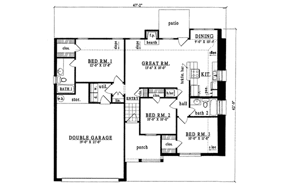 Floor Plan - Main Floor for Traditional House Plan #42-220 - 3 bed, 2 bath