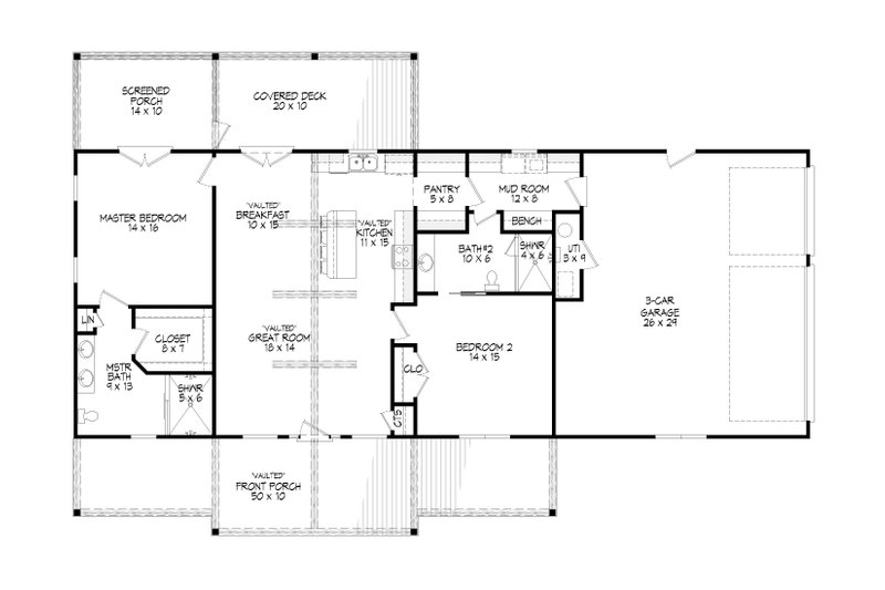 House Design - Floor Plan - Main Floor for Ranch House Plan #932-577 - 2 bed, 2 bath