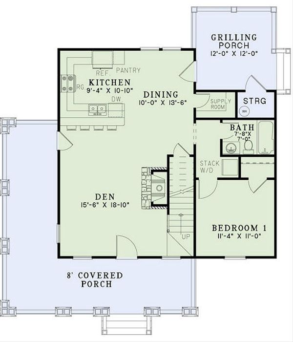 Home Plan - charming rustic cottage plan includes a front porch, 3 bedrooms and 2.5 bathrooms