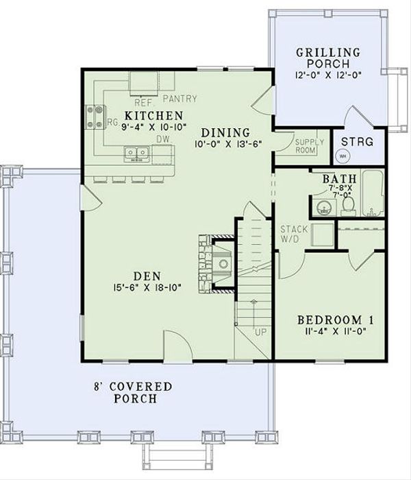 charming rustic cottage plan includes a front porch, 3 bedrooms and 2.5 bathrooms