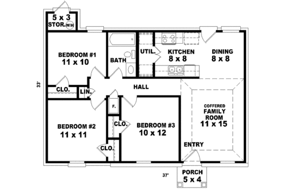 Floor Plan - Main Floor for Ranch House Plan #81-671 - 3 bed, 1 bath