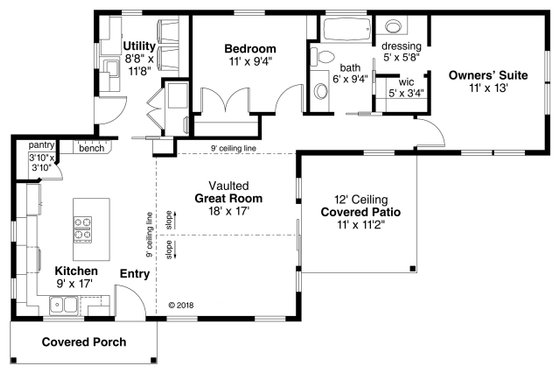 Floor Plan - Main Floor for Ranch House Plan #124-1114 - 2 bed, 1 bath