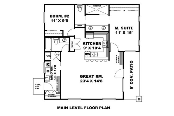Floor Plan - Main Floor for Bungalow House Plan #117-1016 - 2 bed, 2 bath