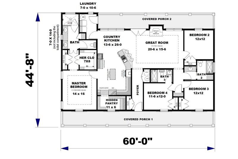 House Design - Floor Plan - Main Floor for Farmhouse House Plan #44-281 - 4 bed, 3 bath