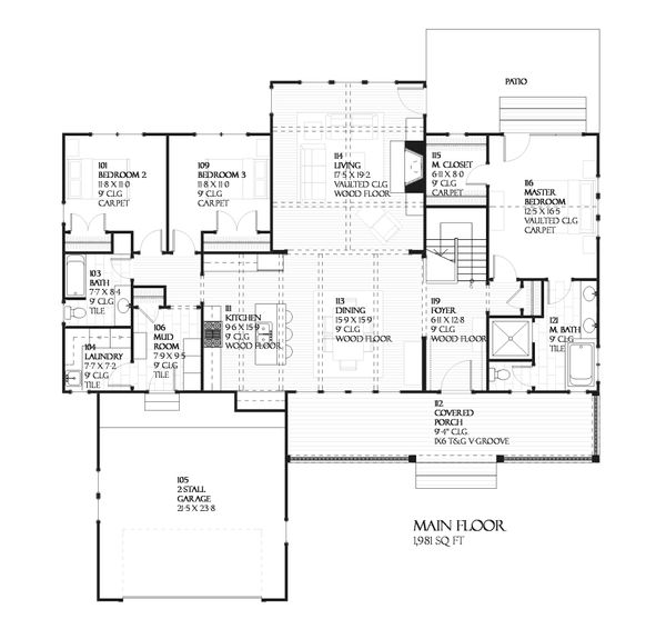 Country style house plan, ranch design, main level floor plan