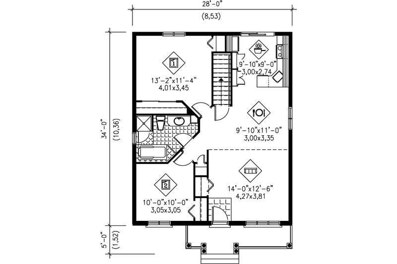 Architectural House Design - Floor Plan - Main Floor for Cottage House Plan #25-161 - 2 bed, 1 bath
