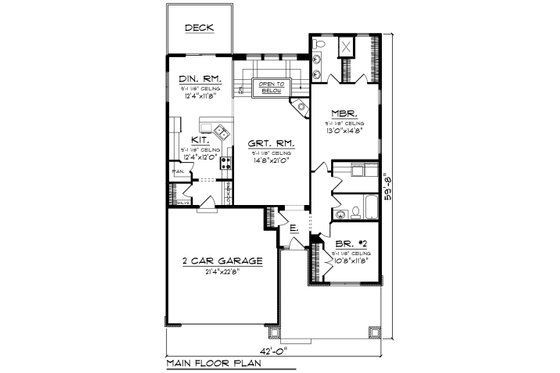Floor Plan - Main Floor for Ranch House Plan #70-1264 - 2 bed, 2 bath