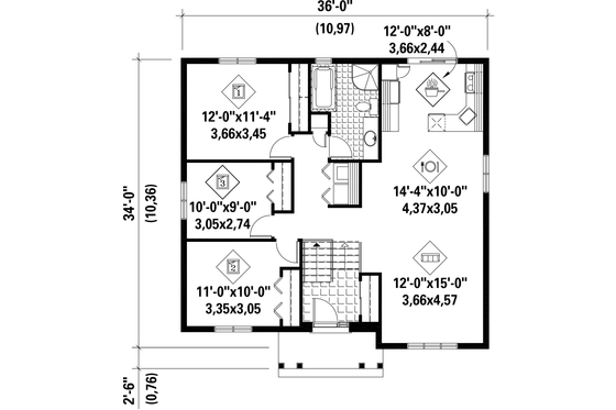 Floor Plan - Main Floor for Bungalow House Plan #25-4636 - 3 bed, 1 bath