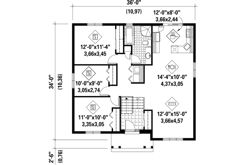 House Blueprint - Floor Plan - Main Floor for Bungalow House Plan #25-4636 - 3 bed, 1 bath
