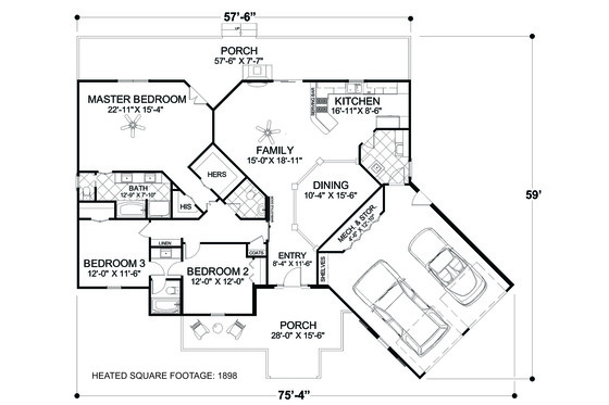Floor Plan - Main Floor for Cottage House Plan #56-716 - 3 bed, 3 bath