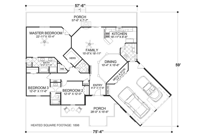 Home Plan - Floor Plan - Main Floor for Cottage House Plan #56-716 - 3 bed, 3 bath