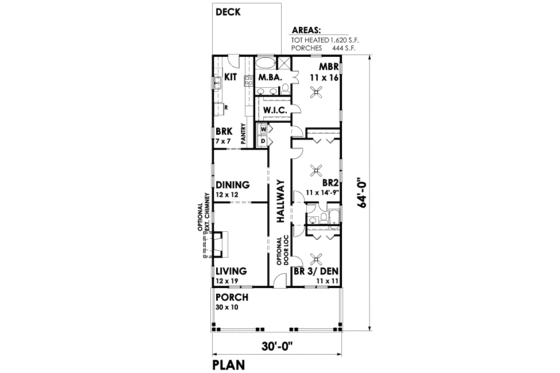 Floor Plan - Main Floor for Craftsman House Plan #30-197 - 3 bed, 2 bath