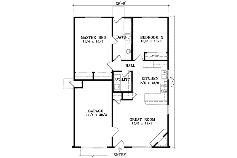 House Blueprint - Floor Plan - Main Floor for Ranch House Plan #1-163 - 2 bed, 1 bath