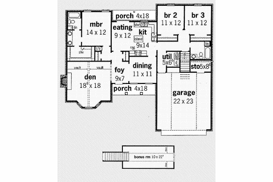 Floor Plan - Main Floor for Southern House Plan #16-131 - 3 bed, 2 bath