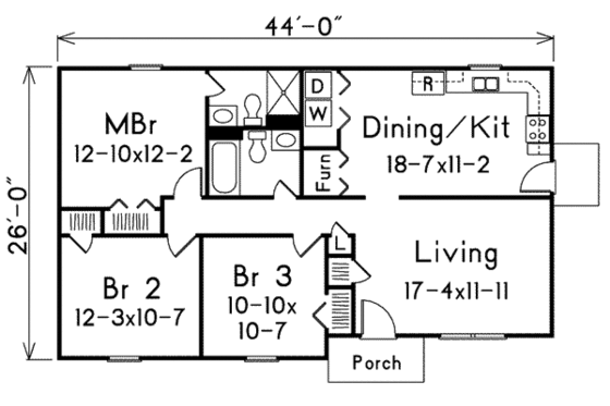 Floor Plan - Main Floor for Ranch House Plan #57-222 - 3 bed, 2 bath