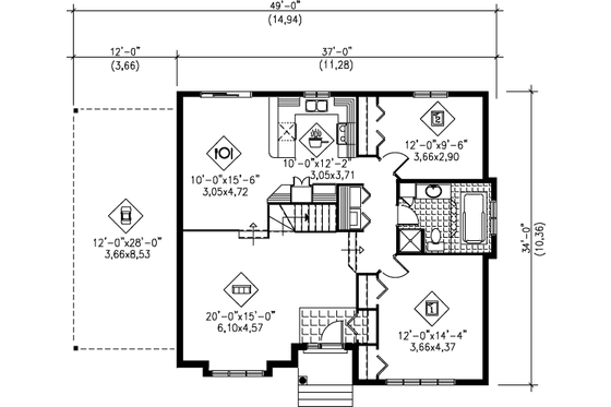 Floor Plan - Main Floor for Traditional House Plan #25-1160 - 2 bed, 1 bath