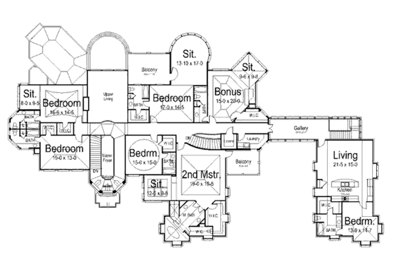 House Blueprint - Floor Plan - Upper Floor for European House Plan #119-172 - 6 bed, 8.5 bath