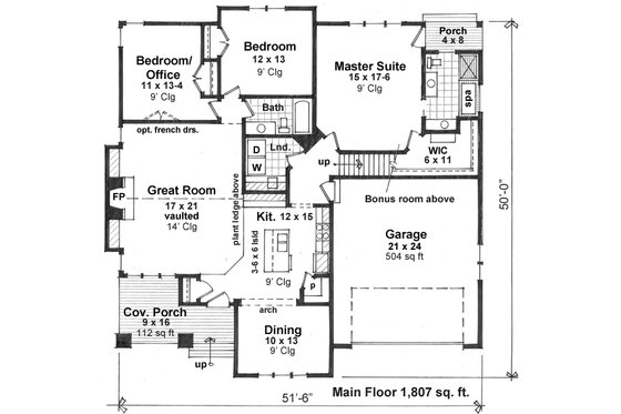 Floor Plan - Main Floor for Craftsman House Plan #51-519 - 3 bed, 2 bath