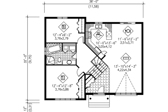 Floor Plan - Main Floor for European House Plan #25-395 - 2 bed, 1 bath
