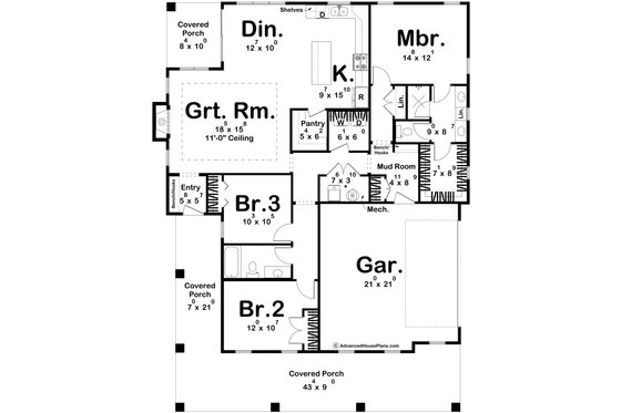 Floor Plan - Main Floor for Southern House Plan #455-546 - 3 bed, 2 bath