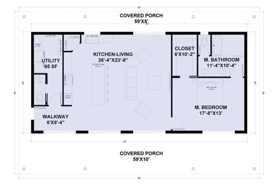 Floor Plan - Main Floor for Barndominium House Plan #1107-13 - 1 bed, 1.5 bath