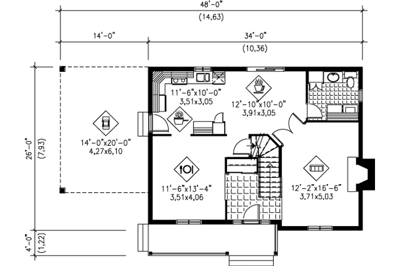 Architectural House Design - Floor Plan - Main Floor for Victorian House Plan #25-280 - 3 bed, 2.5 bath
