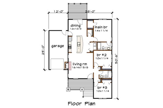 Floor Plan - Main Floor for Bungalow House Plan #79-164 - 3 bed, 2 bath