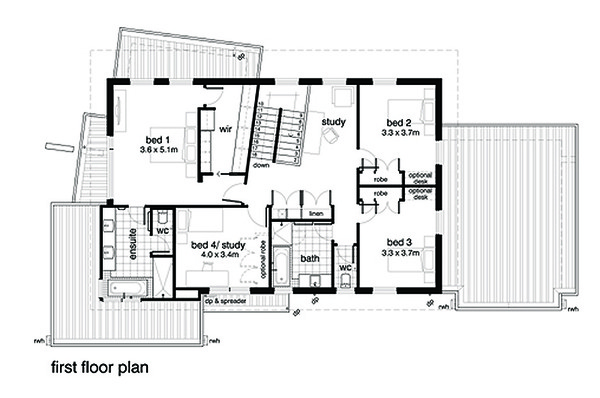 Modern style House plan, upper level floor plan