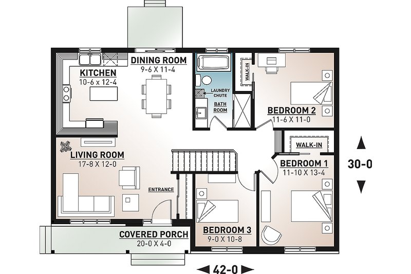 House Blueprint - Floor Plan - Main Floor for Ranch House Plan #23-197 - 3 bed, 1 bath