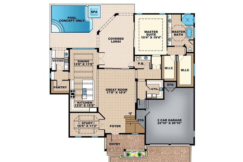 Home Plan - Floor Plan - Main Floor for Mediterranean House Plan #1017-159 - 4 bed, 4.5 bath