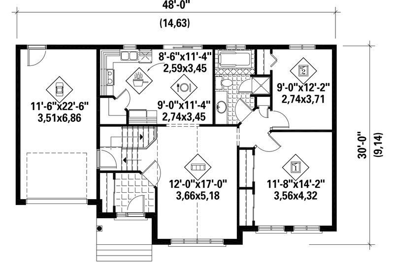 Dream House Plan - Floor Plan - Main Floor for European House Plan #25-4267 - 2 bed, 1 bath
