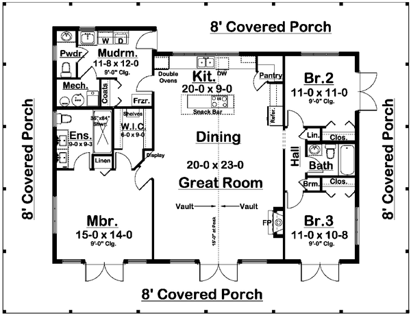 House Blueprint - Floor Plan - Main Floor for Farmhouse House Plan #126-255 - 3 bed, 2.5 bath