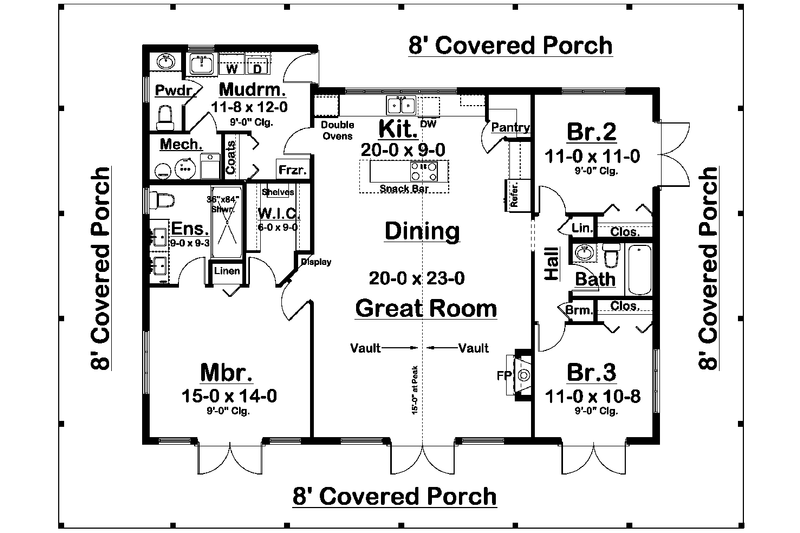 House Blueprint - Floor Plan - Main Floor for Farmhouse House Plan #126-255 - 3 bed, 2.5 bath