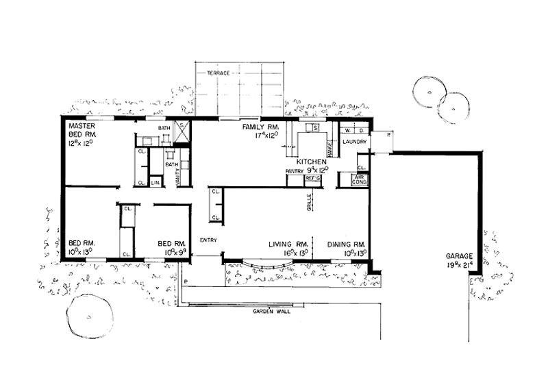 House Blueprint - Floor Plan - Main Floor for Ranch House Plan #72-521 - 3 bed, 2 bath
